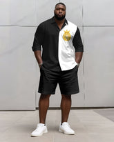 Big & Tall Men's Business Black & White Chest KING Print Long Sleeve Shirt Shorts Set